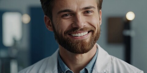 Obraz premium Close-up of a smiling young man with perfect white teeth and beard Advertising background for dental clinic.