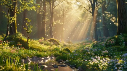 Fototapeta premium A serene forest glade at sunrise, with rays of light streaming through tall, ancient trees. 