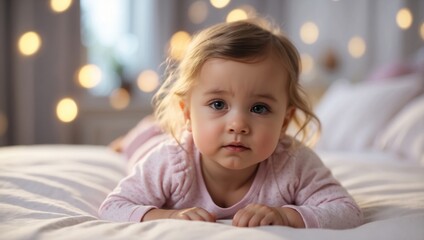Fototapeta premium Adorable baby girl peacefully lying on a white bed with a gently blurred defocused background.