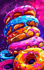 Obraz premium beautiful donuts background, pop art illustration, noctilucent glowing