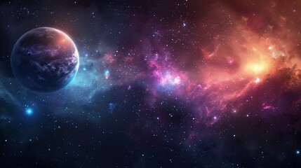 Naklejka premium Interstellar Odyssey - sweeping view of distant planets and stars in majestic space landscape.