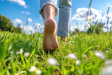 Old man walking barefoot on lush green grass, relaxation concept, walking barefoot on natural surfaces is considered a form of health care