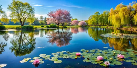 Serene lakeside with blooming water lilies, tranquil lake, and flowering trees , serene, lakeside