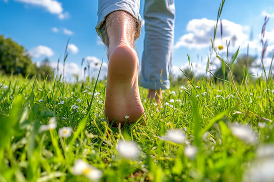 Old man walking barefoot on lush green grass, relaxation concept, walking barefoot on natural surfaces is considered a form of health care