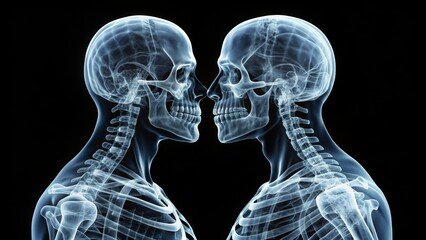 Two skeletal figures engaged in a romantic kiss, depicted in an x-ray image, skeletons, kissing, love, x-ray