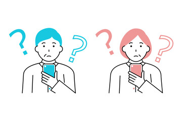スマホを見て疑問を持つ中高年の男性と女性のイラスト