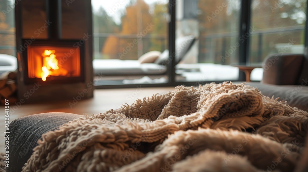 Poster A fluffy brown blanket lies on a grey couch, with a fireplace burning brightly in the background. A window allows light to stream in from a snowy day outside, creating a warm and inviting atmosphere.