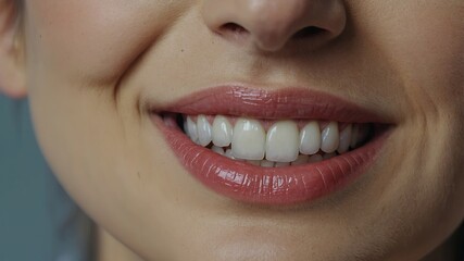Close up of lower face part and toothy smile of woman Young female patient of dental clinic, feels satisfied with professional stomatology services, enamel cleaning, whitening,.