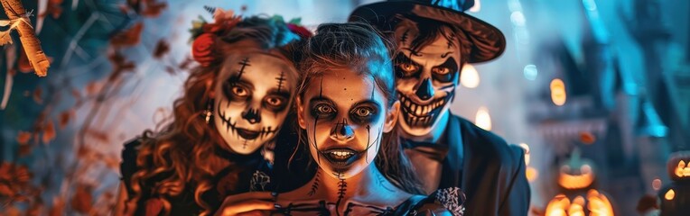 Three friends are dressed in spooky Halloween costumes, with ghoulish makeup and festive decorations in the background. Their costumes are elaborate and creative, and they are all smiling and having f