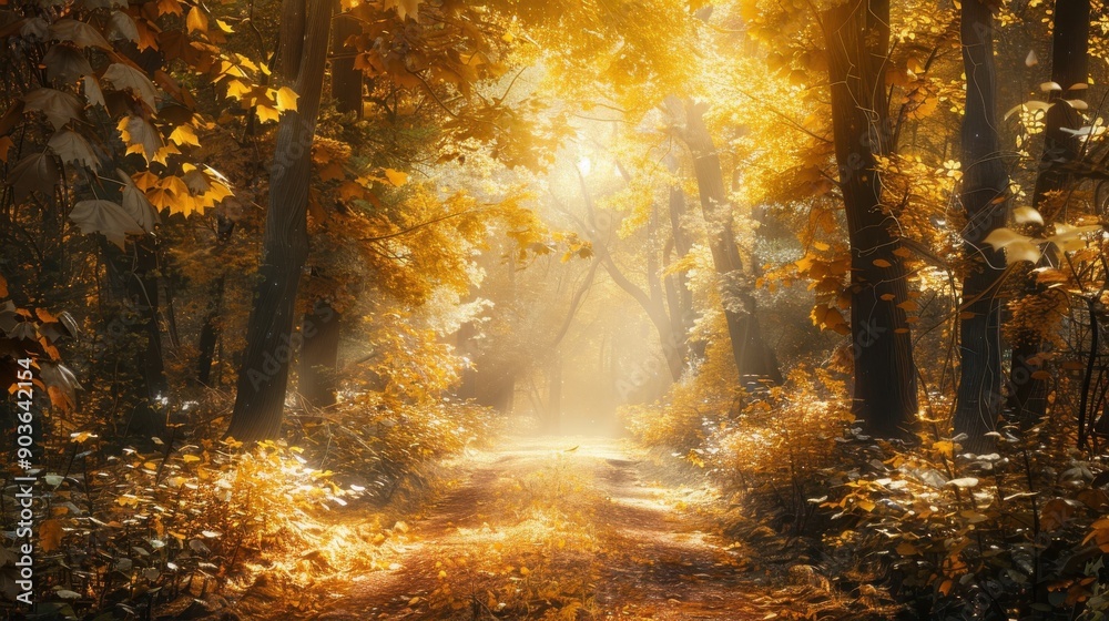 Poster a sunlit path winds through a dense autumn forest. golden leaves cover the ground and the trees, whi