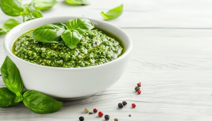 Vibrant Pesto Sauce in Rustic Bowl on White Wooden Table