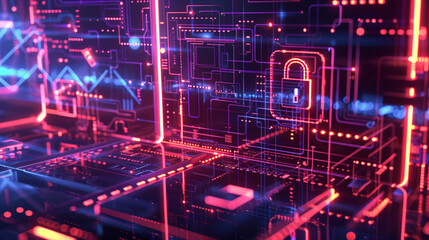 Fototapeta premium Cybersecurity Encryption and Data Protection in a Glowing High-Tech World, Virtual Shields and Digital Locks