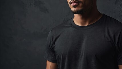 Fototapeta premium Black T-Shirt on Textured Gray Surface, black shirt product mockup.
