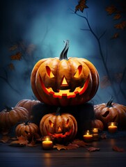 Happy halloween cute but spooky dark background, 4k, photorealistic, copy-space with generative ai