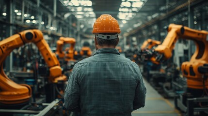 Back view of factory worker in orange hard hat inspecting robotic assembly line in large industrial facility for quality control