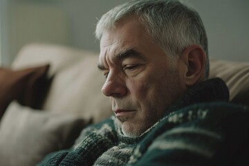Portrait of a pensive elderly man with grey hair, sitting indoors, reflecting a mood of contemplation and introspection