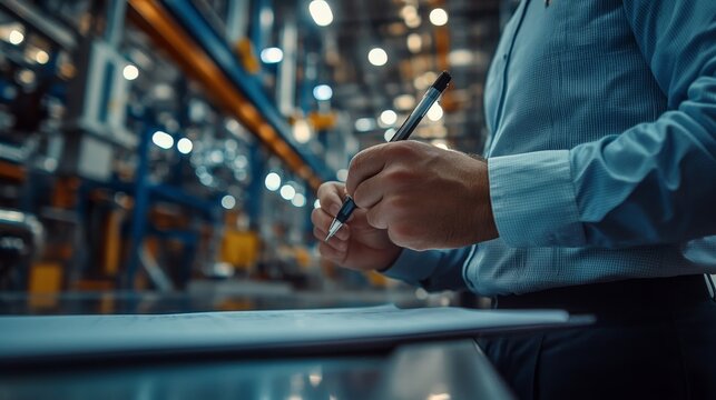 Closeup of worker holding a pen while taking notes in a busy industrial facility during quality control inspection and management tasks