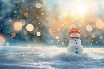 Christmas greeting card with bright winter holiday snowman and New Year background