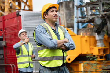 Portrait cross arm Asia engineer man worker with team and crane spare part background	