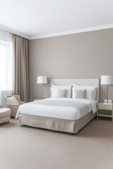 Elegant hotel room with stylish furniture, natural colors and neutral lighting. Hotel interiors decor composition.