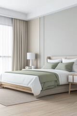 Elegant hotel room with stylish furniture, natural colors and neutral lighting. Hotel interiors decor composition.