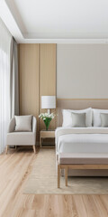 Fototapeta premium Elegant hotel room with stylish furniture, natural colors and neutral lighting. Hotel interiors decor composition.