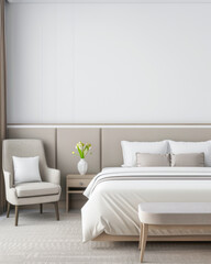Obraz premium Elegant hotel room with stylish furniture, natural colors and neutral lighting. Hotel interiors decor composition.