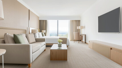 Fototapeta premium Elegant hotel room with stylish furniture, natural colors and neutral lighting. Hotel interiors decor composition.