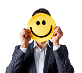 The Man Behind the Smile: A businessman in a suit conceals his face with a bright yellow smiley face, prompting questions about authenticity and hidden emotions. 