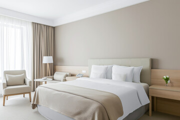 Elegant hotel room with stylish furniture, natural colors and neutral lighting. Hotel interiors decor composition.