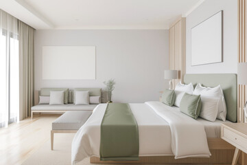 Fototapeta premium Elegant hotel room with stylish furniture, natural colors and neutral lighting. Hotel interiors decor composition.