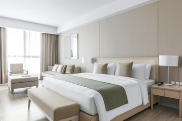 Fototapeta premium Elegant hotel room with stylish furniture, natural colors and neutral lighting. Hotel interiors decor composition.