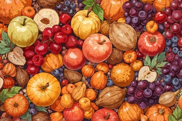 An assortment of fresh autumn fruits including apples, pears, and berries, arranged closely together. Ideal for themes of harvest, nutrition, and seasonal abundance.