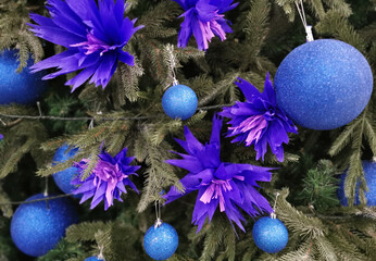 Christmas tree decorated with Pine Cone And Branches. Closeup cone