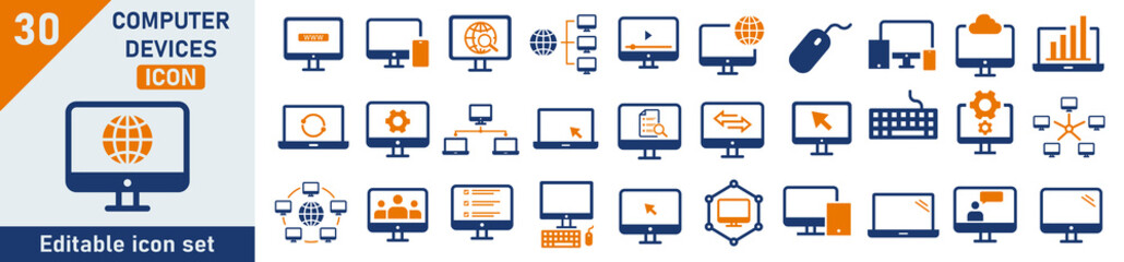 Computer icon set. Set of 30 outline icons related to computer, network, media, setup. Linear icon collection. Computer outline icons collection. Editable stroke. Vector illustration.