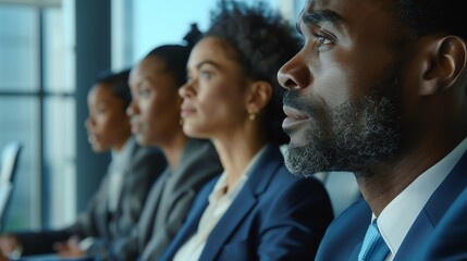 Fototapeta premium Focused business professionals listening attentively at a meeting in a modern office setting, showcasing teamwork and determination.