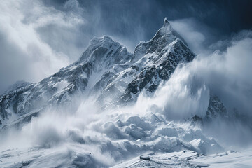 Obraz premium Generative ai on theme of descent of an huge avalanche from the mountain, winter nature landscape