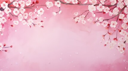 Frame of Sprigs Sakura Cherry Blossoms on pink background.Holiday Concept of spring, 8 march, mother day, april, may, Persian new year.