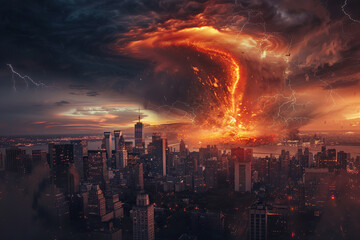 Fototapeta premium Generative ai on theme of scary huge hurricane fire tornado, apocalyptic dramatic background