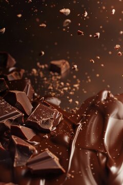Delicious dark chocolate chunks flying through the air over melted chocolate surface