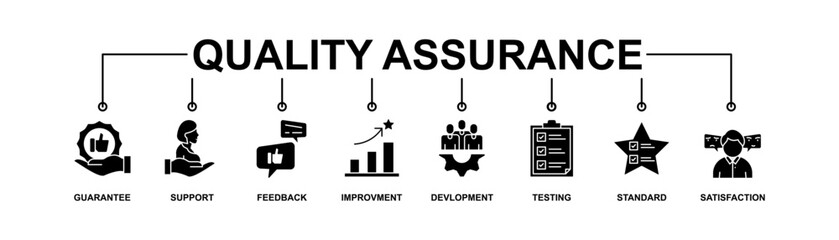 Quality assurance web icon set vector illustration concept with icon of guarantee, support, feedback, improvement, development, testing, standard, satisfaction