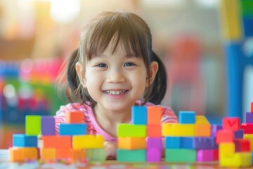 Smiling Girl Playing with Colorful Building Blocks