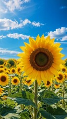 A bright and cheerful field of sunflowers under a clear blue sky with the sun shining brightly. Perfect for summer, nature, and outdoor themes.