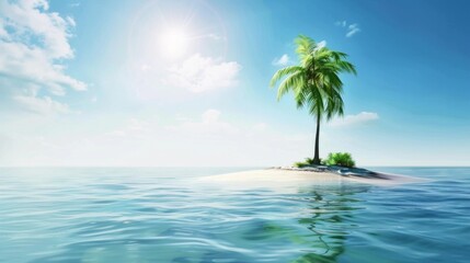 Solitary palm tree on a tiny desert island in the middle of a clear ocean on a sunny day