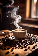 artfully arranged coffee beans surrounding steaming cup freshly brewed coffee rustic wooden surface, aroma, beverage, design, hot, drink, cafe, espresso