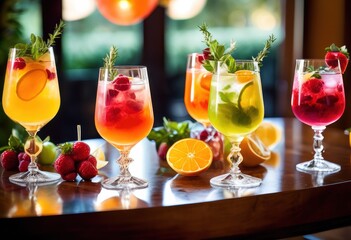 elegant display stylish mocktails served sophisticated glassware chic gathering, cocktail, beverage, party, refreshing, fruit, garnish, ice, decoration