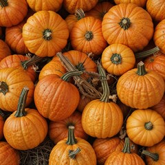 A vibrant collection of fresh pumpkins piled together, showcasing their bright orange color and texture. Ideal for autumn, harvest, and Thanksgiving themes.