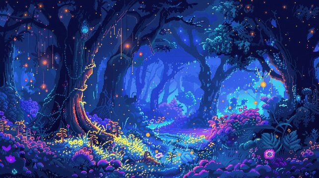 Pixel art enchanted forest, glowing plants, mystical creatures