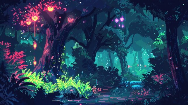 Pixel art enchanted forest, glowing plants, mystical creatures