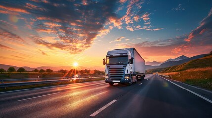Modern Semi-Truck Driving on Highway at Sunset with Scenic Mountain Background and Vibrant Sky